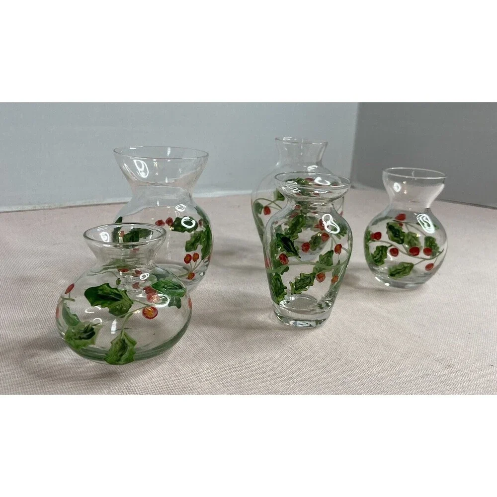 HAND PAINTED GLASS , CLEAR MINI VASES. 5 ITEMS IN THE SET.  VINES & BERRIES.